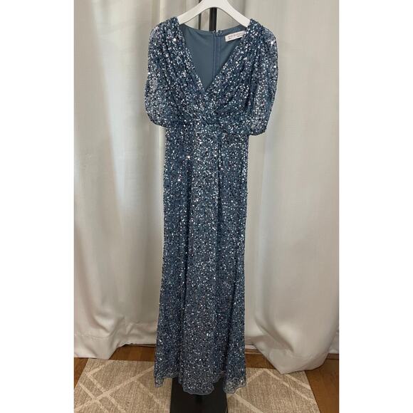 Mac Duggal Blue Draped Sleeve V-Neck Gown Slate Blue 5640 Size 4 NWT Sequins - Picture 2 of 16